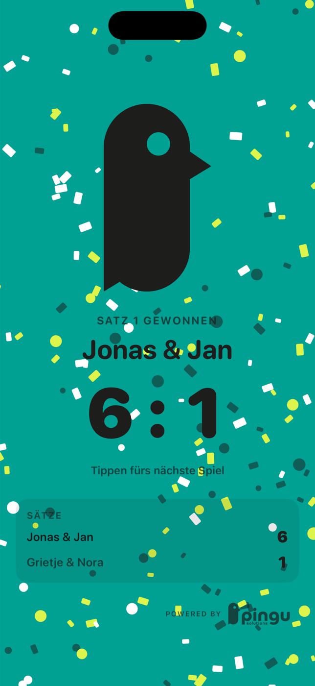 The same set celebration in portrait: the big penguin on top, below it „Satz 1 gewonnen“ (set 1 won), „Jonas & Jan“, „6 : 1“ and the hint „Tippen fürs nächste Spiel“ (tap for the next game), plus the card with the set score.