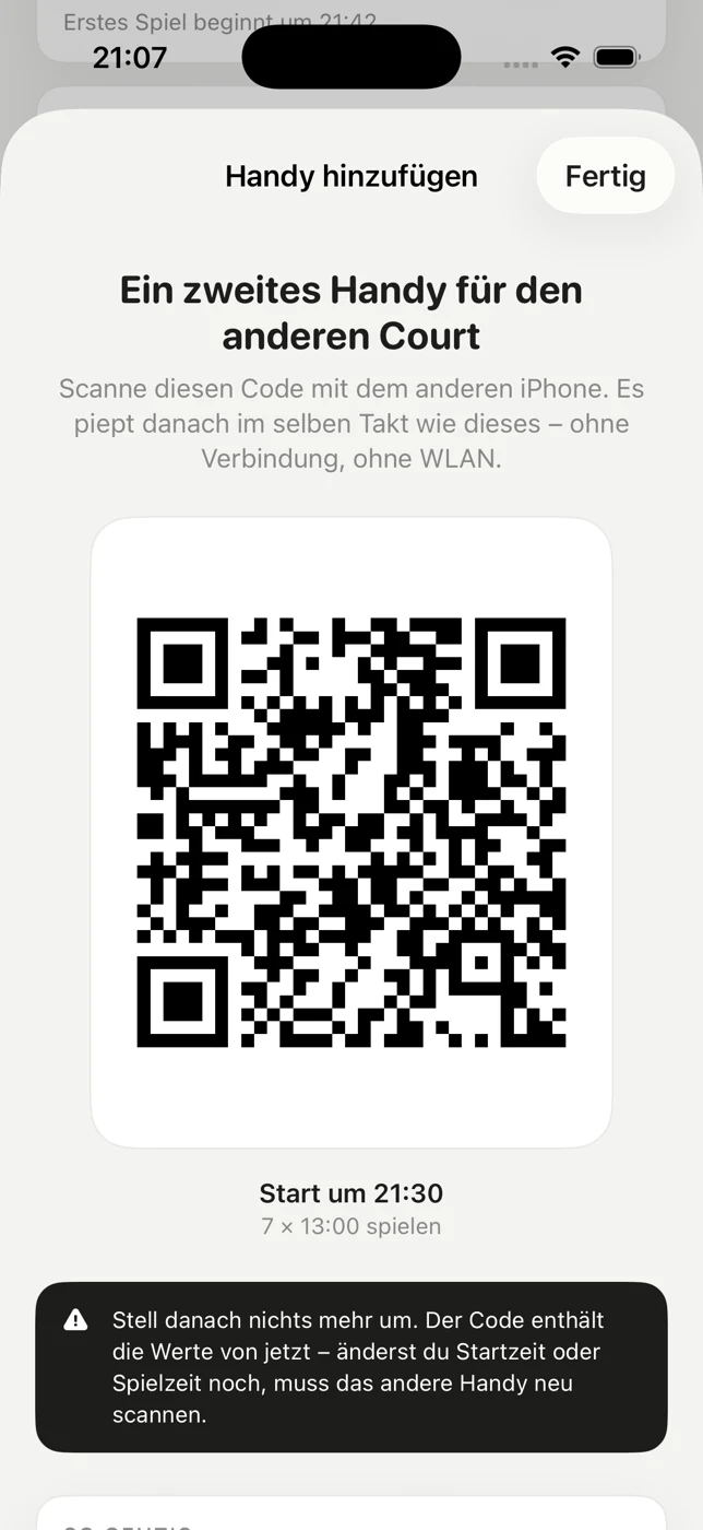 Der QR-Code, mit dem ein zweites Handy dazukommt, und darunter der 29 Zeichen lange Einladungscode.
