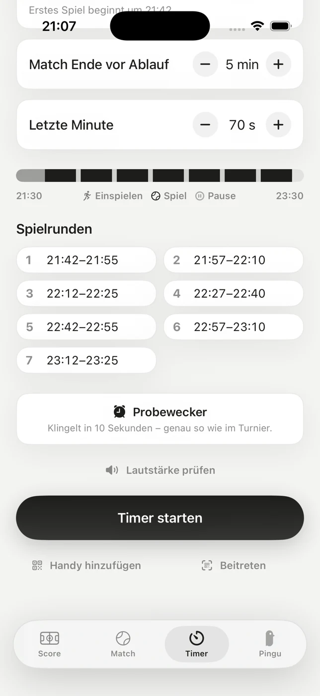 Der Zeitplan: sieben Spielrunden mit ihren Uhrzeiten von 21:42 bis 23:25, darunter der Probewecker.
