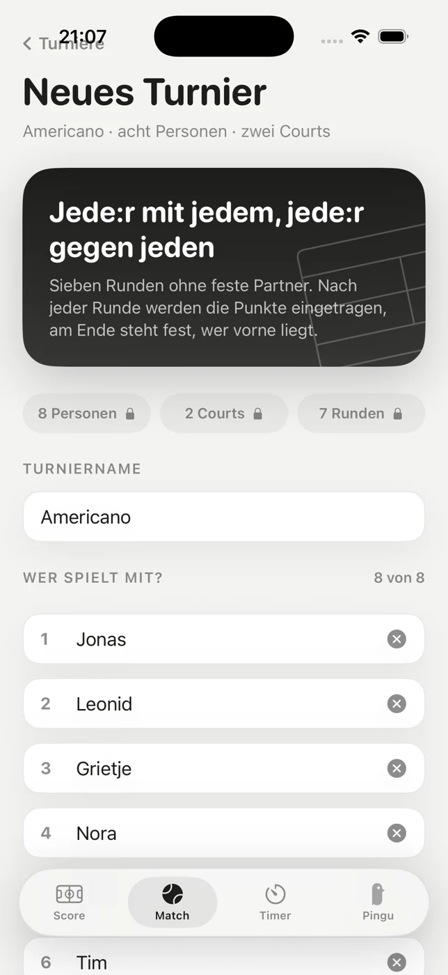 Die Eingabemaske für acht Namen, darunter die Bezeichnungen der beiden Courts.